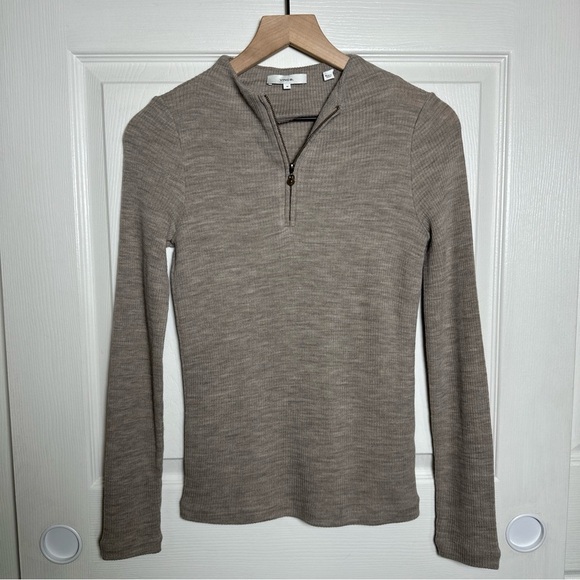 Vince Sz Medium Ribbed Half Zip Sweater Tan Wool Blend  Quiet Luxury Lightweight - Picture 2 of 10